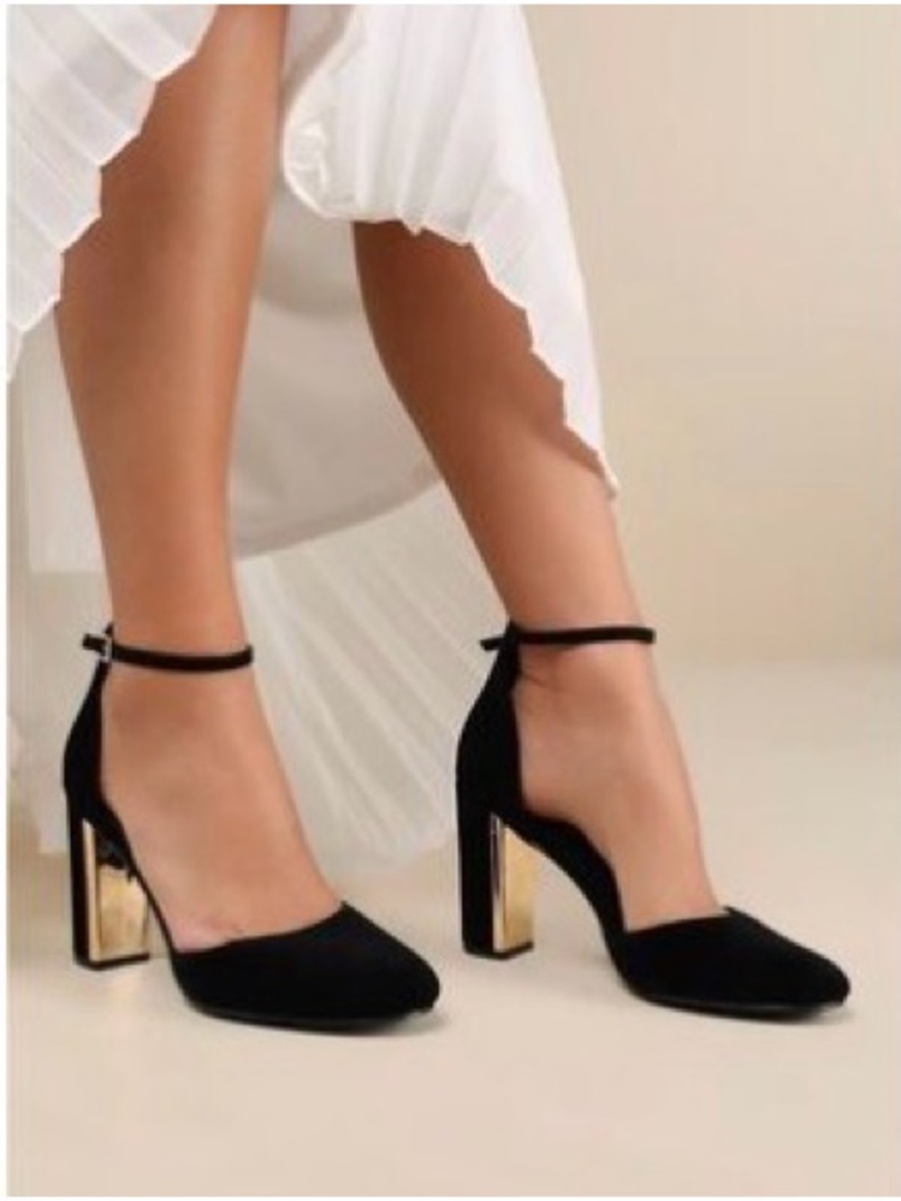 Lulu's Black Suede Ankle-Strap Block Heels with Gold Accent